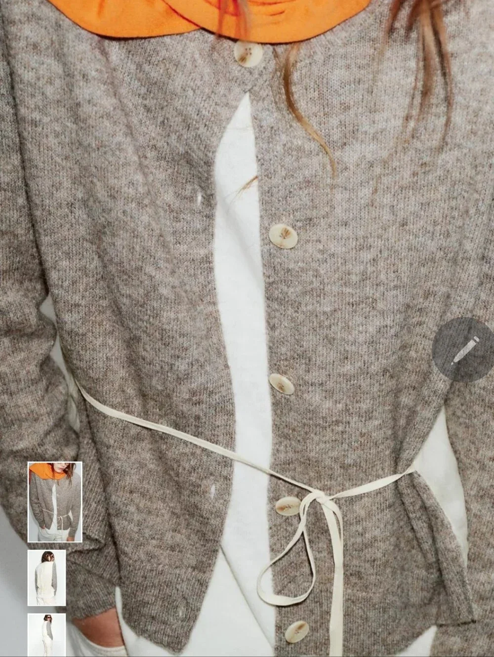 Zara Gray Button-Front Cardigan with Cream Buttons and Tie